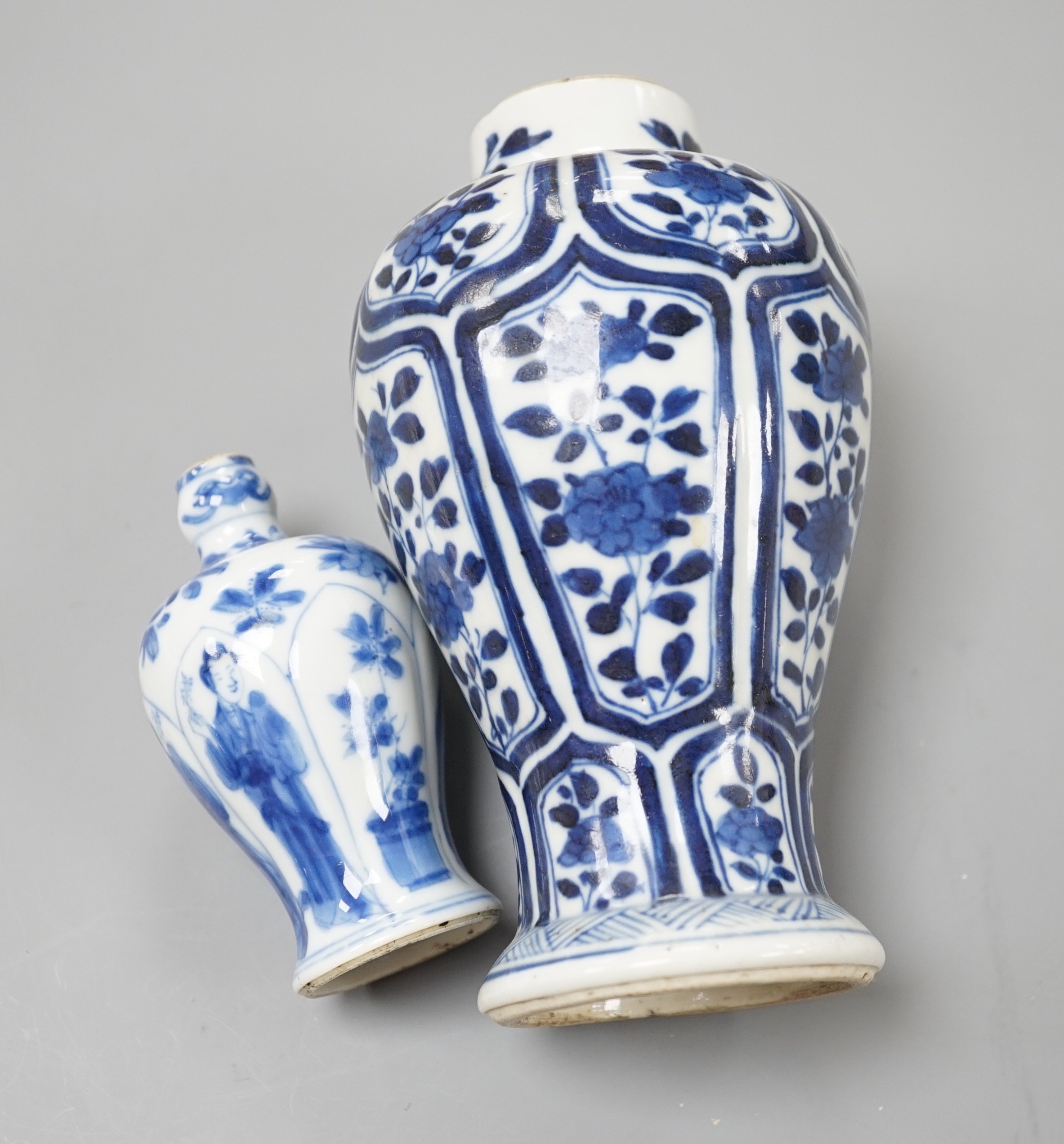 Two Chinese Kangxi blue and white vases, the smallest marked ‘yu’ (jade), tallest 15 cms high.